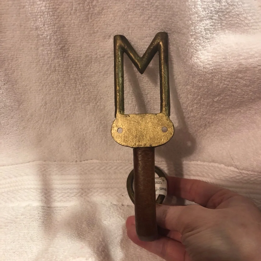 Metal brass monogram M and leather home decor hook